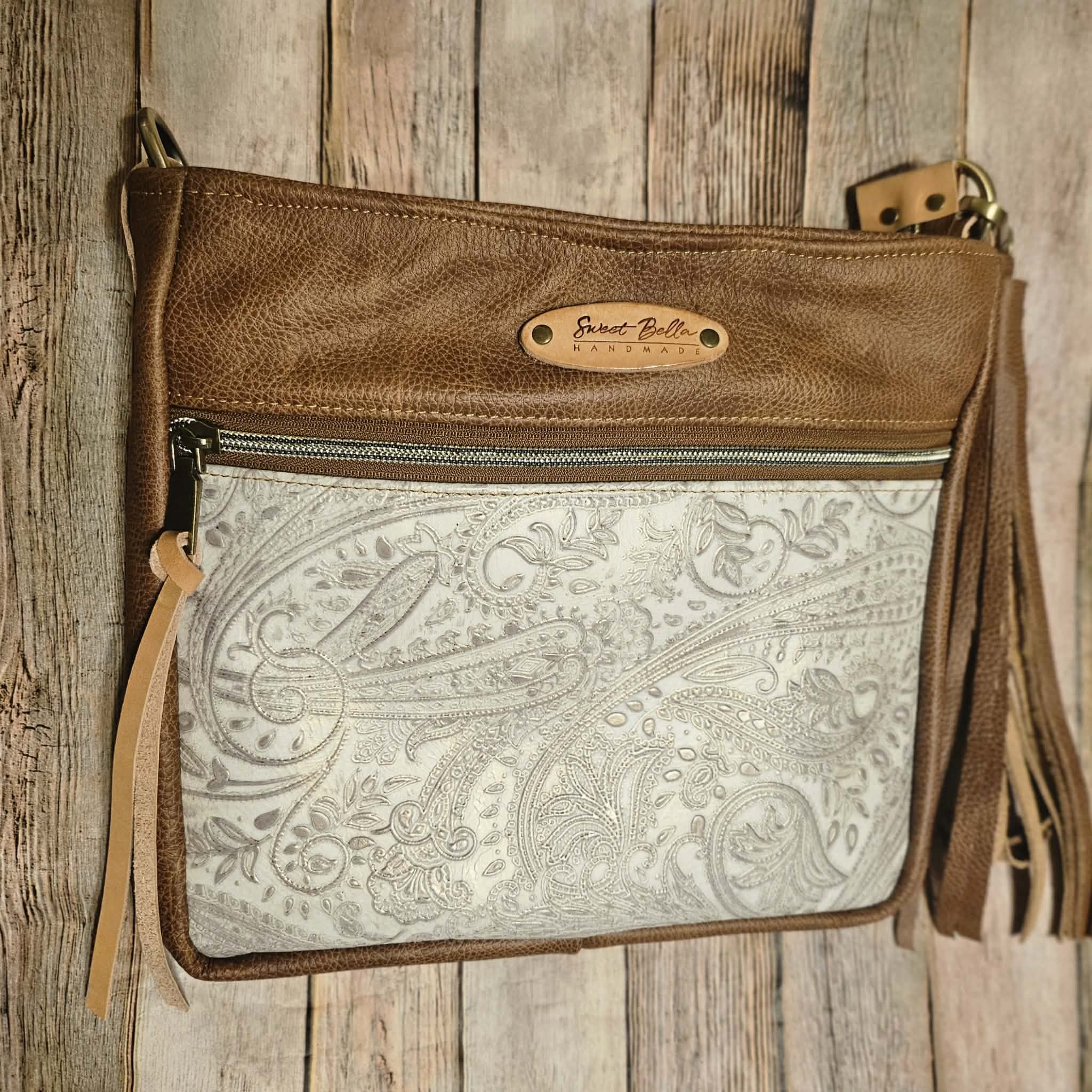 Linnie’s Camel & White Paisley Leather Crossbody – Handcrafted in Texas