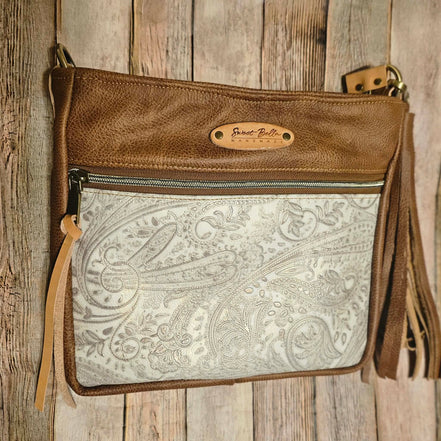 Linnie’s Camel & White Paisley Leather Crossbody – Handcrafted in Texas