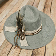 laser poppy flower large brim hat, feather hat, teal large brim hat, bead and feather embellished hat, cowboy hat, laser floral design cowboy hat,  