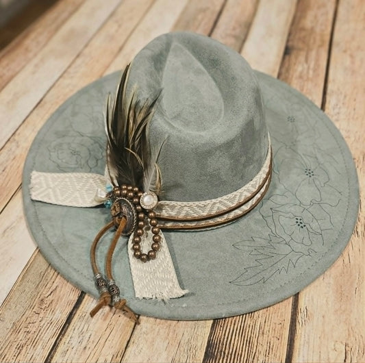 laser poppy flower large brim hat, feather hat, teal large brim hat, bead and feather embellished hat, cowboy hat, laser floral design cowboy hat,  