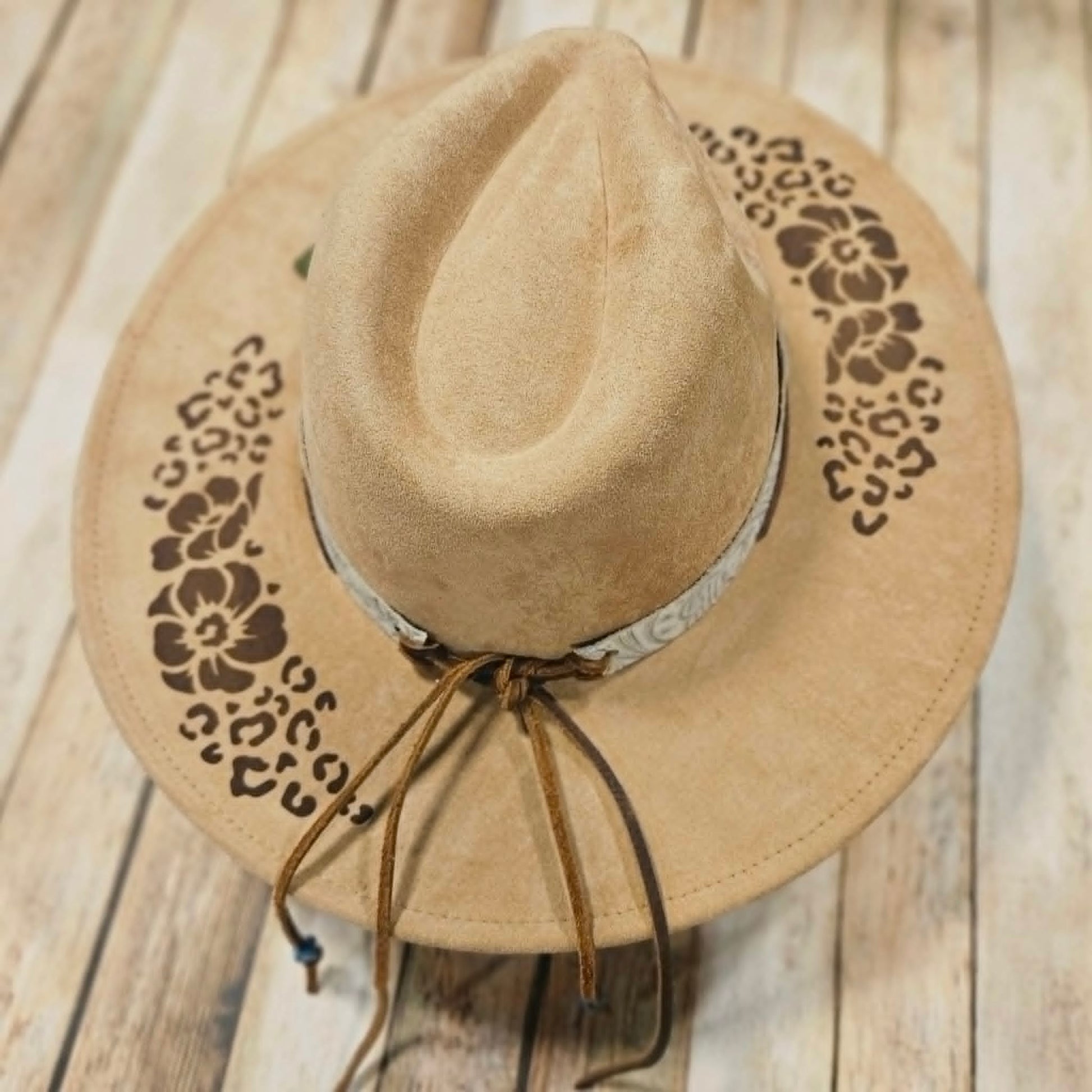laser burned large brim hat, hibiscus flower and leopard burned hat, leather flower hat leather banded hat, handmade hat
