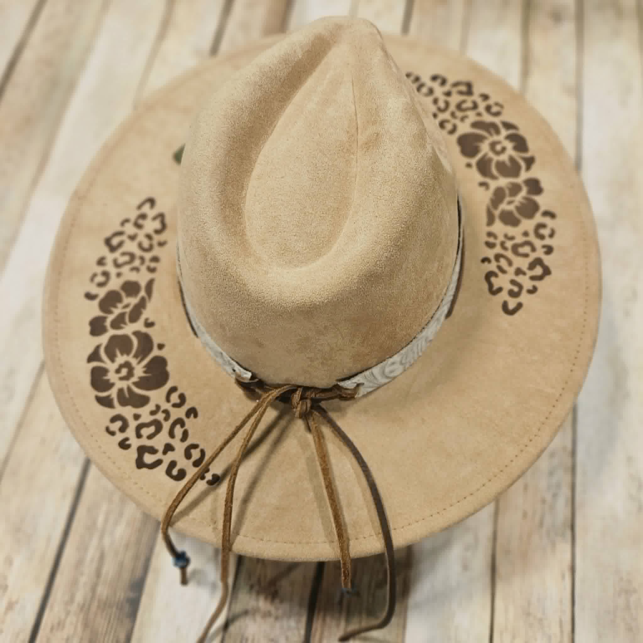 laser burned large brim hat, hibiscus flower and leopard burned hat, leather flower hat leather banded hat, handmade hat
