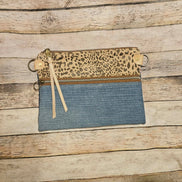 repurposed denim and cheetah print leather crossbody, vegetable leather accents, antique hardware, handmade leather crossbody bag