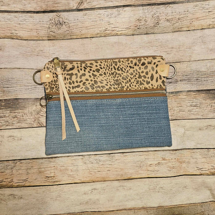 repurposed denim and cheetah print leather crossbody, vegetable leather accents, antique hardware, handmade leather crossbody bag