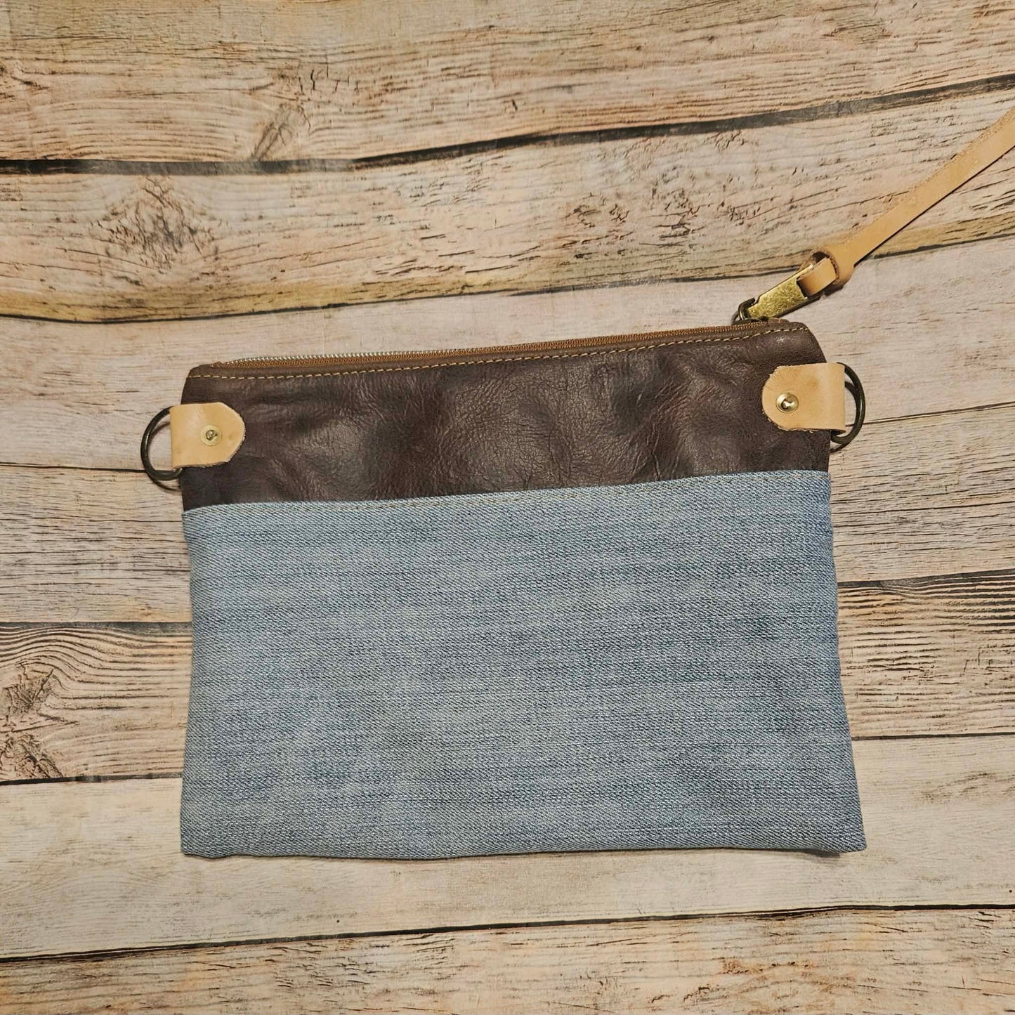 Addie Belle Re-purposed Light Wash Denim/ Brown Leather & Veg Tan Leather Crossbody Bag