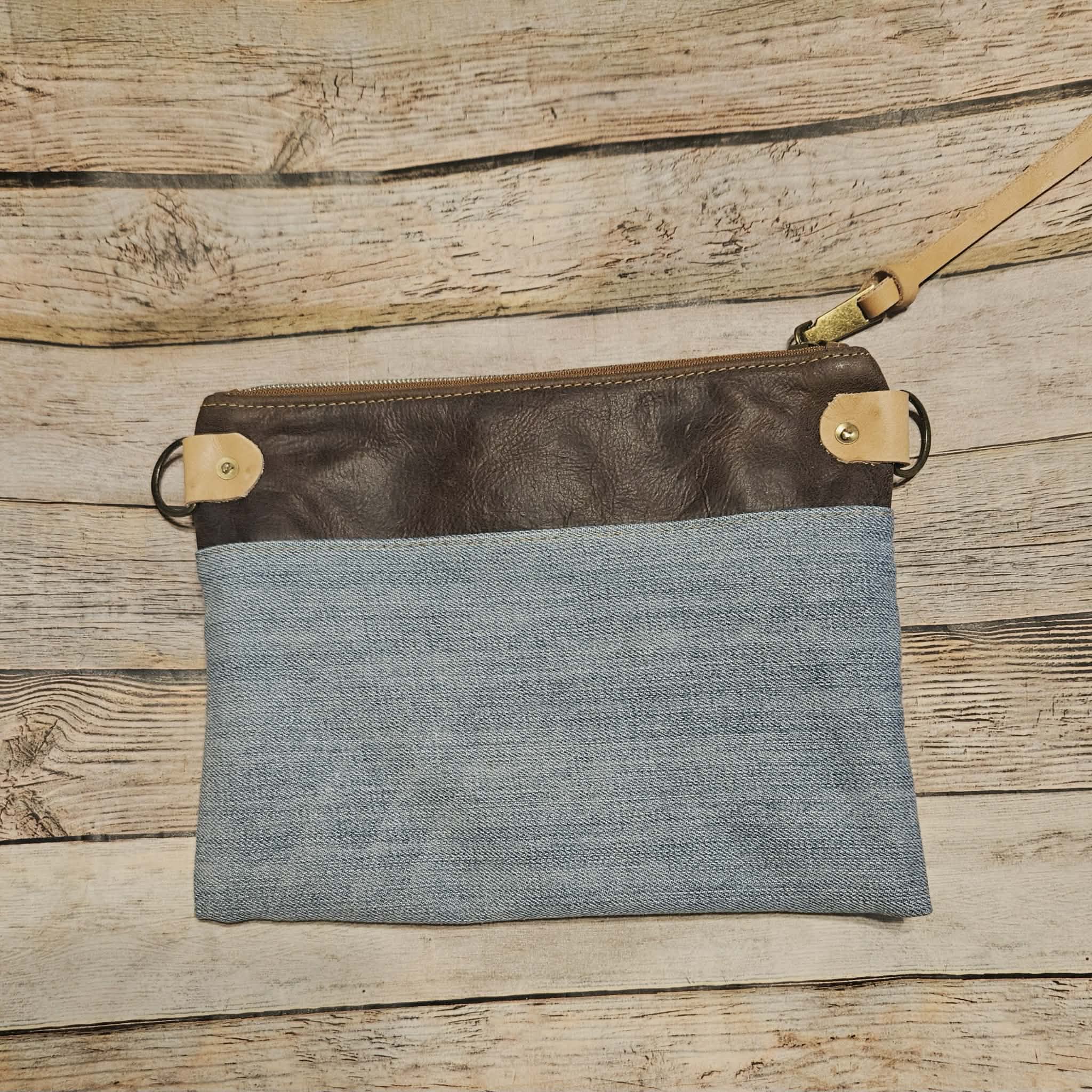 denim leather crossbody bag, vegetable tan leather accents, brown leather bag, denim bag, antique gold hardware, pick your strap crossbody 