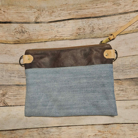 denim leather crossbody bag, vegetable tan leather accents, brown leather bag, denim bag, antique gold hardware, pick your strap crossbody 