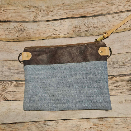 denim leather crossbody bag, vegetable tan leather accents, brown leather bag, denim bag, antique gold hardware, pick your strap crossbody 