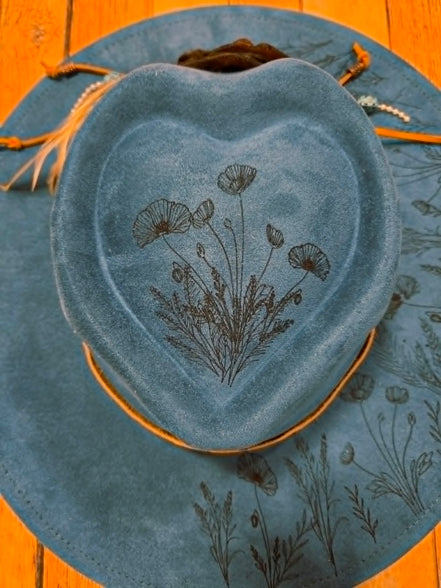 Teal Wide Brim Heart Hat with Laser burned floral design