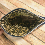Oleta Leopard Clutch Wristlet with navy zipper