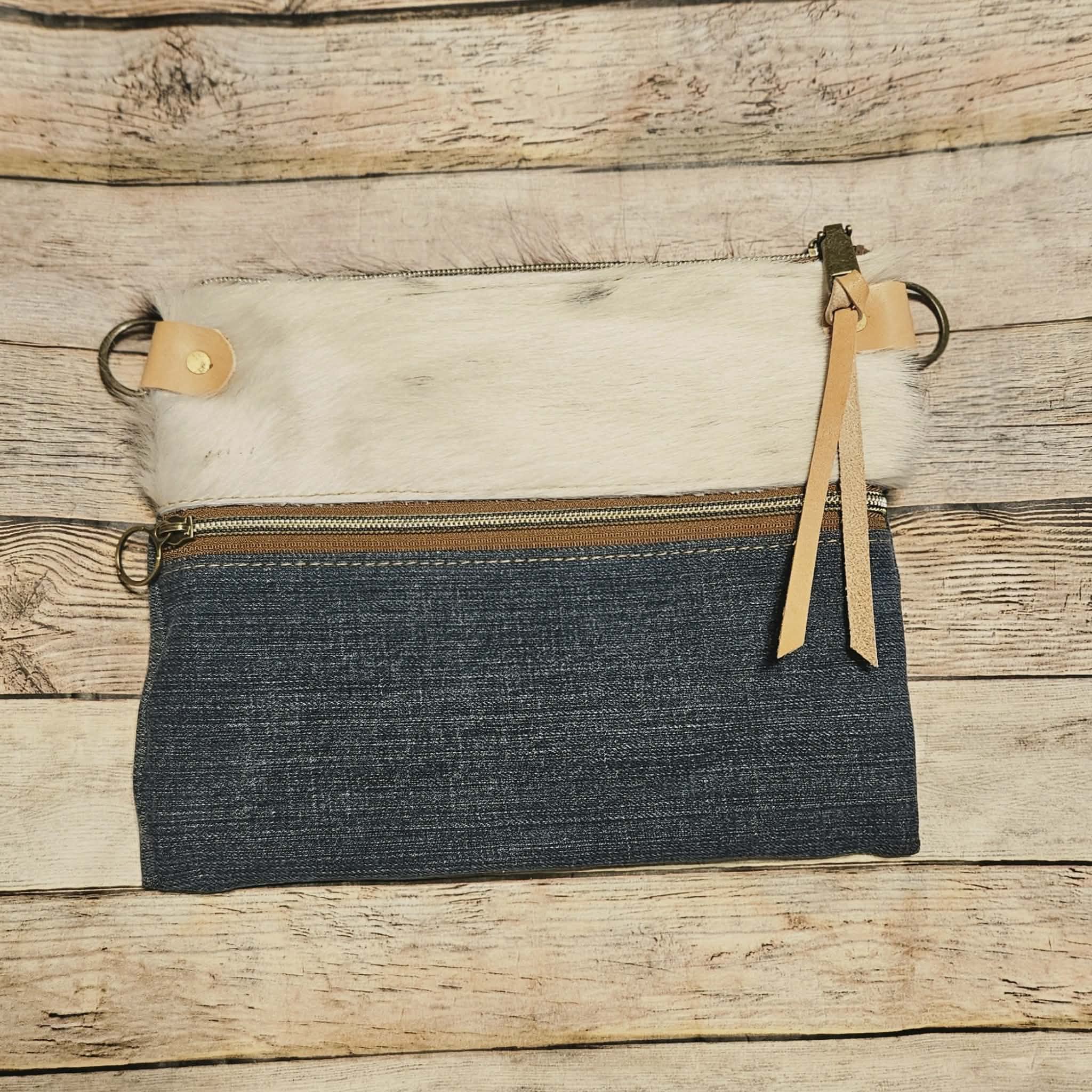 repurposed denim and fur on leather crossbody, vegetable leather accents, antique hardware, handmade leather crossbody bag