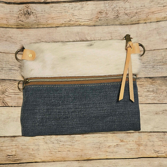 repurposed denim and fur on leather crossbody, vegetable leather accents, antique hardware, handmade leather crossbody bag