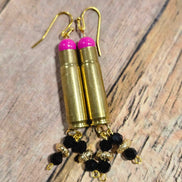 gold hook ammo earring, bullet case earrings, black crystal tassel earrings, pink bead jewelry, handmade earrings