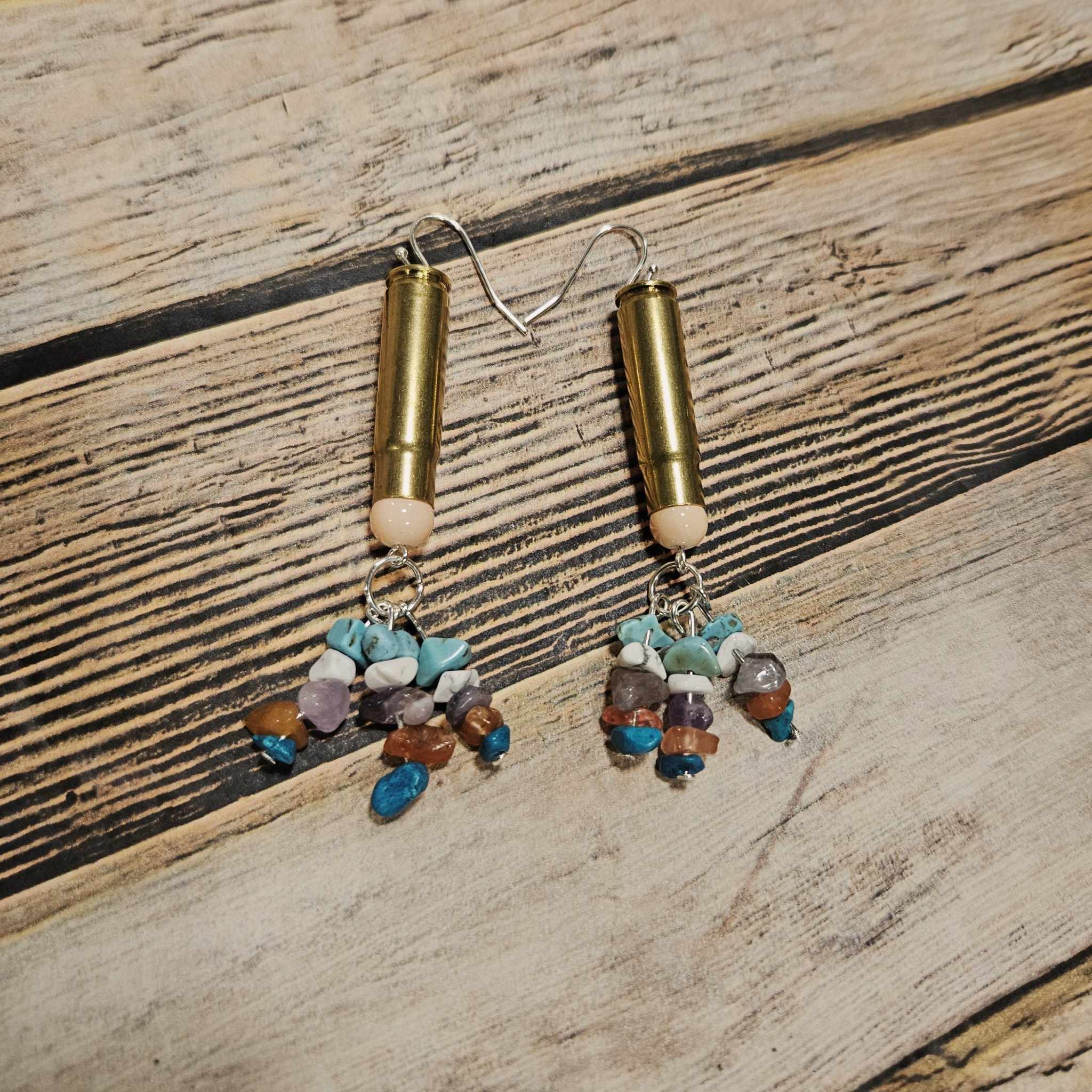 rock ammo jewelry, rock tassel earrings, coral bead jewelry, ammo earrings, silver hook earrings