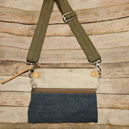 repurposed denim and fur on leather crossbody, vegetable leather accents, antique hardware, handmade leather crossbody bag