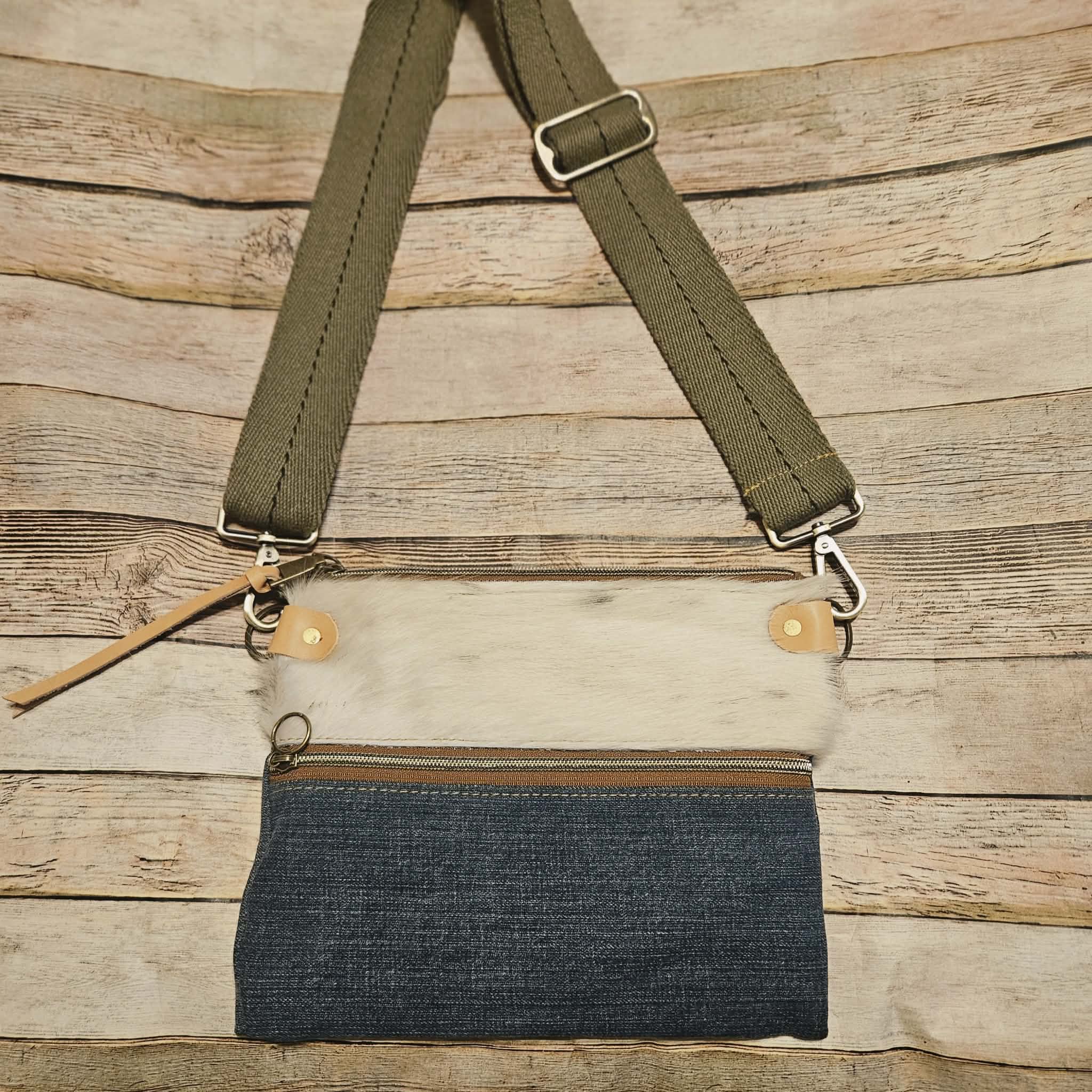 repurposed denim and fur on leather crossbody, vegetable leather accents, antique hardware, handmade leather crossbody bag