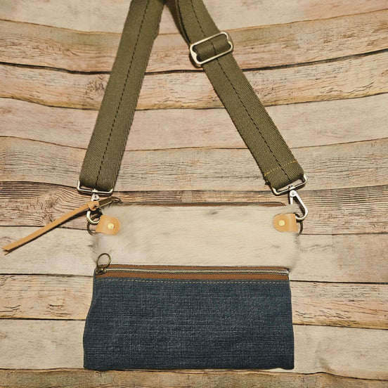 repurposed denim and fur on leather crossbody, vegetable leather accents, antique hardware, handmade leather crossbody bag
