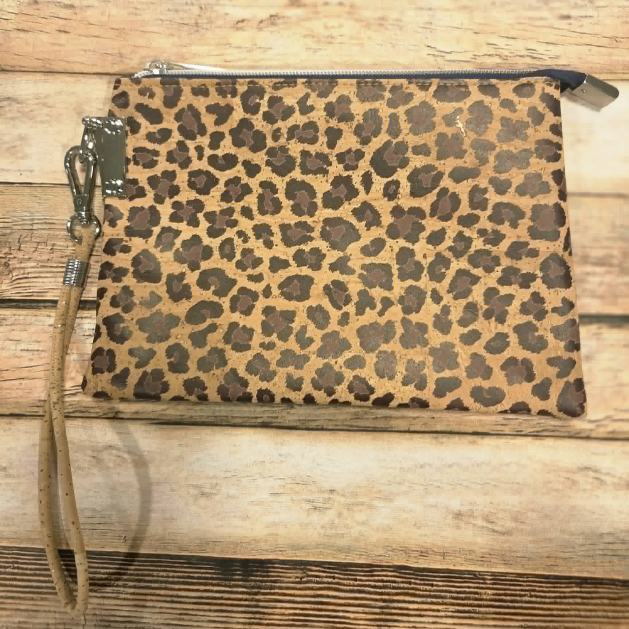 Oleta Leopard Clutch Wristlet with navy zipper