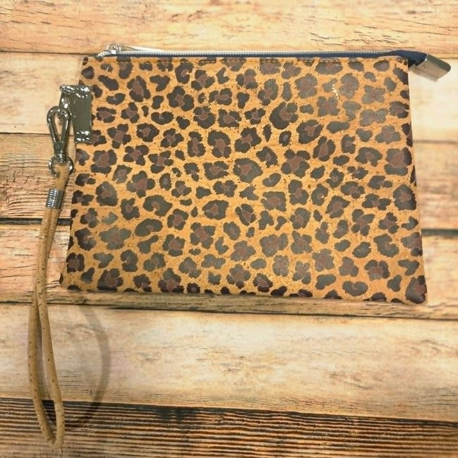 Oleta Leopard Clutch Wristlet with navy zipper