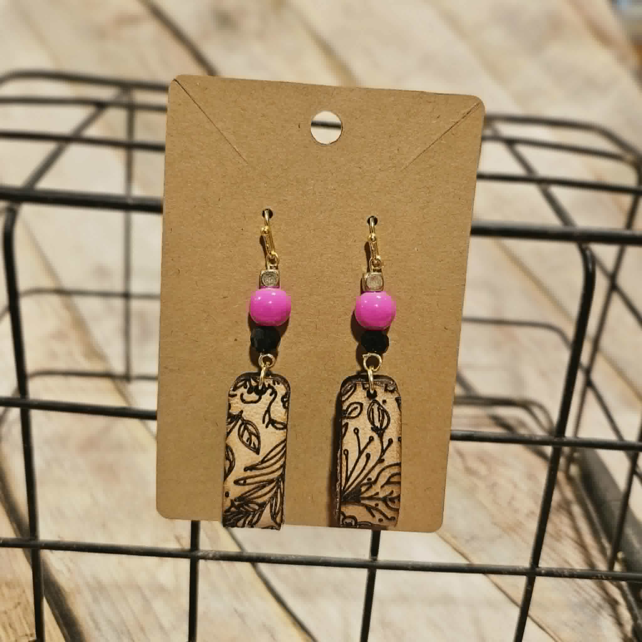 Laser Burned Leather Floral Loop with pink beads