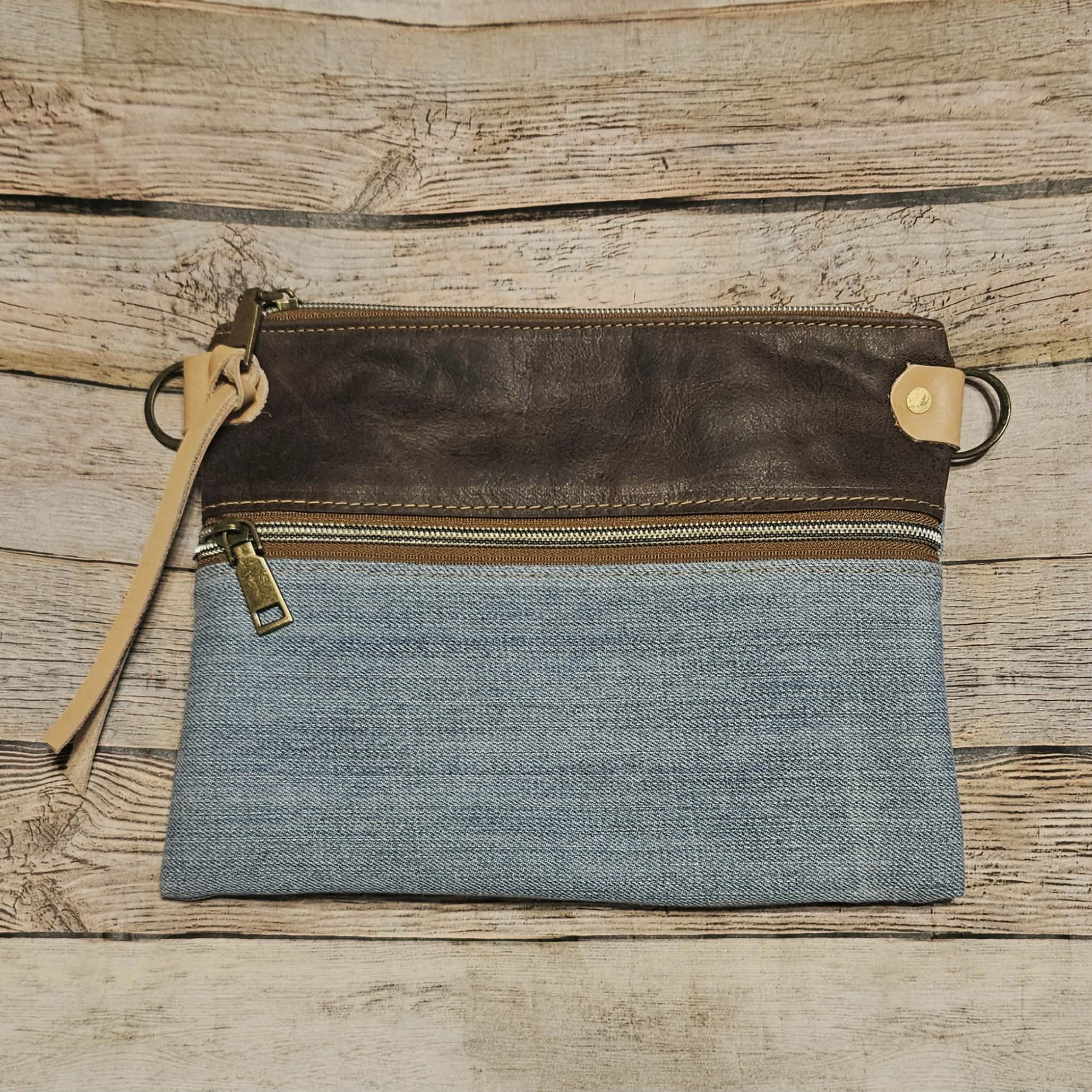 denim leather crossbody bag, vegetable tan leather accents, brown leather bag, denim bag, antique gold hardware, pick your strap crossbody 