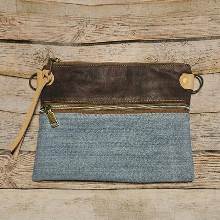 denim leather crossbody bag, vegetable tan leather accents, brown leather bag, denim bag, antique gold hardware, pick your strap crossbody 