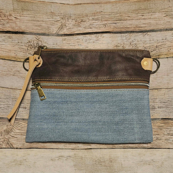 denim leather crossbody bag, vegetable tan leather accents, brown leather bag, denim bag, antique gold hardware, pick your strap crossbody 