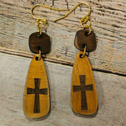 wood burn jewelry, wood cross dangle earrings, gold hook jewelry, burned wood earrings 