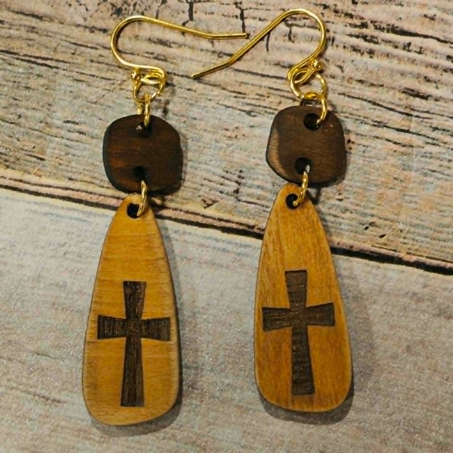 wood burn jewelry, wood cross dangle earrings, gold hook jewelry, burned wood earrings 