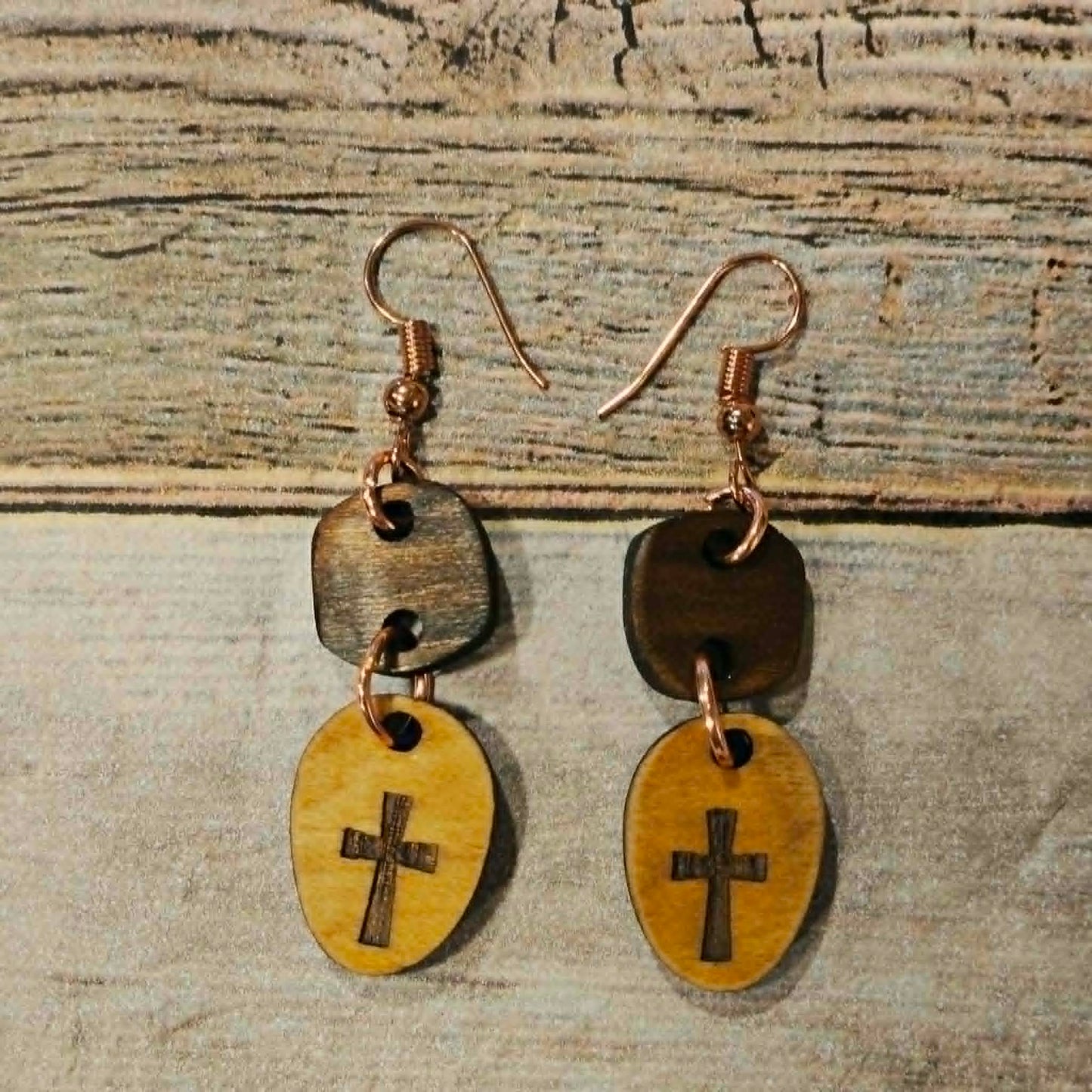 rose gold hooks, wood burned jewelry, laser burned cross earrings, handcrafted earrings