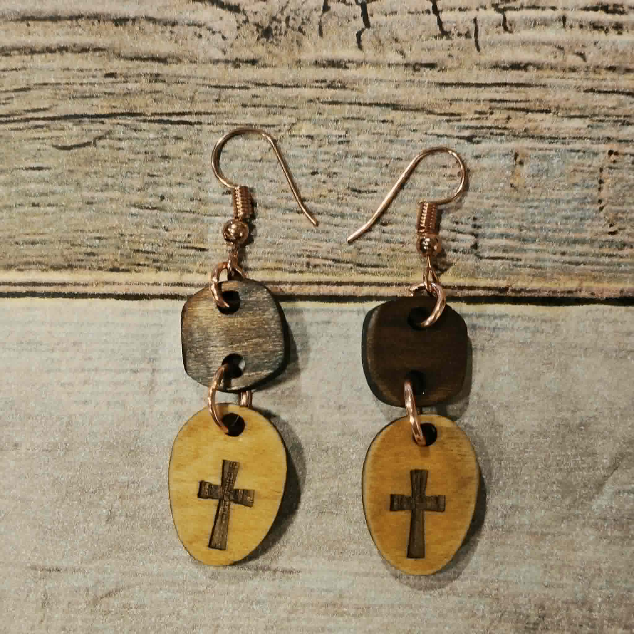 rose gold hooks, wood burned jewelry, laser burned cross earrings, handcrafted earrings