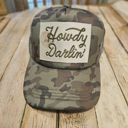 Embroidered Leather "Howdy Darlin" Patch Trucker Hat