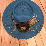 Teal Wide Brim Heart Hat with Laser burned floral design