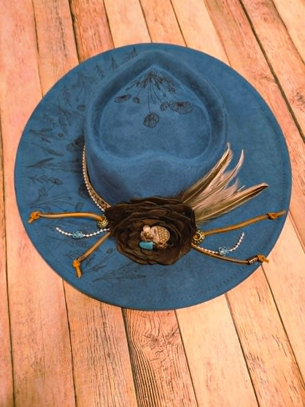 Teal Wide Brim Heart Hat with Laser burned floral design