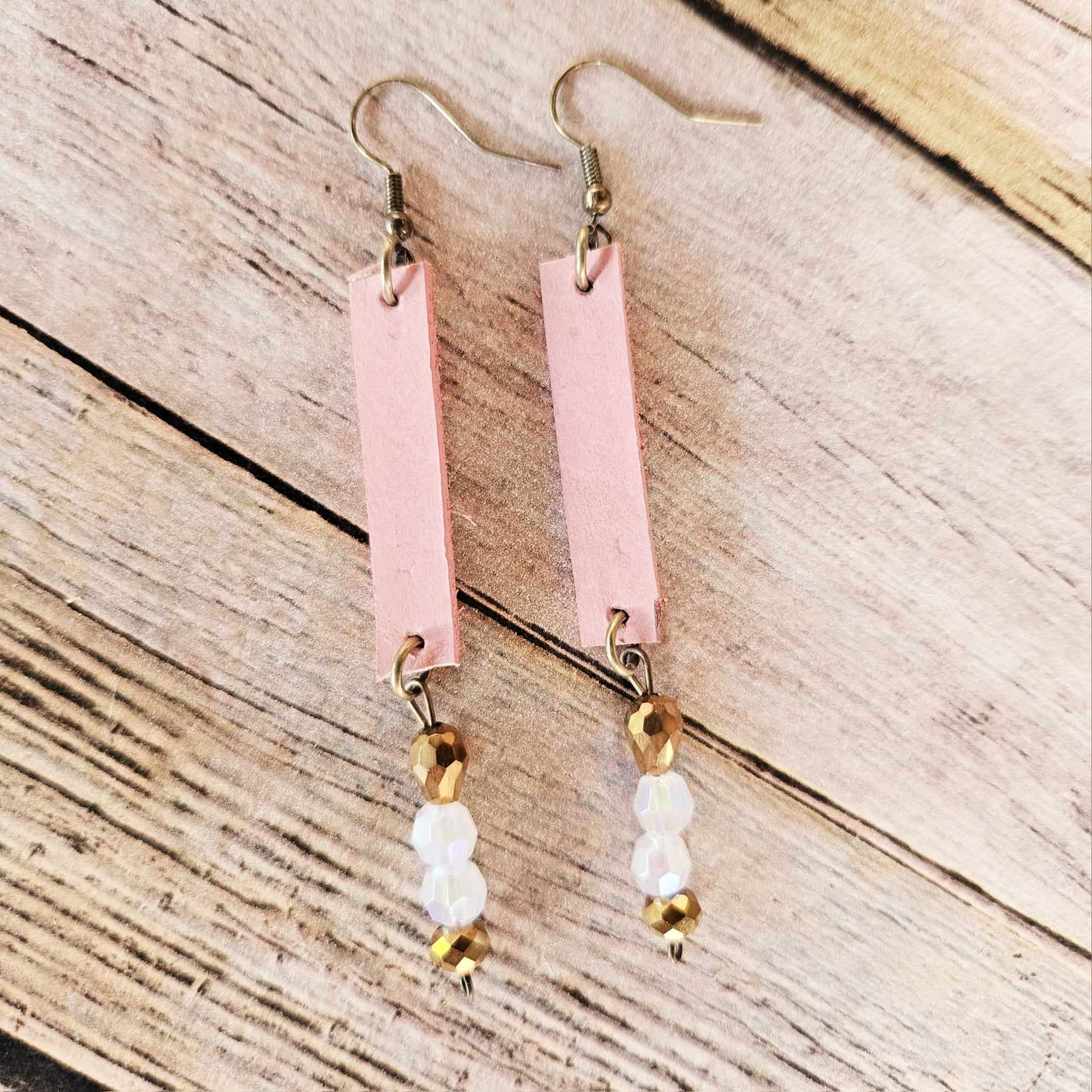 Handcrafted Silver Drop Earrings with Pink Hand-Dyed Leather & Pearl Beads