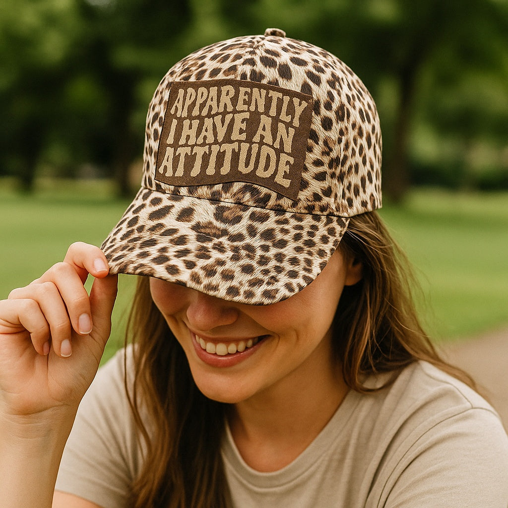 brown and cream leopard crisscross ponytail cap, leather apparently, I have an attitude embroidered patch cap 