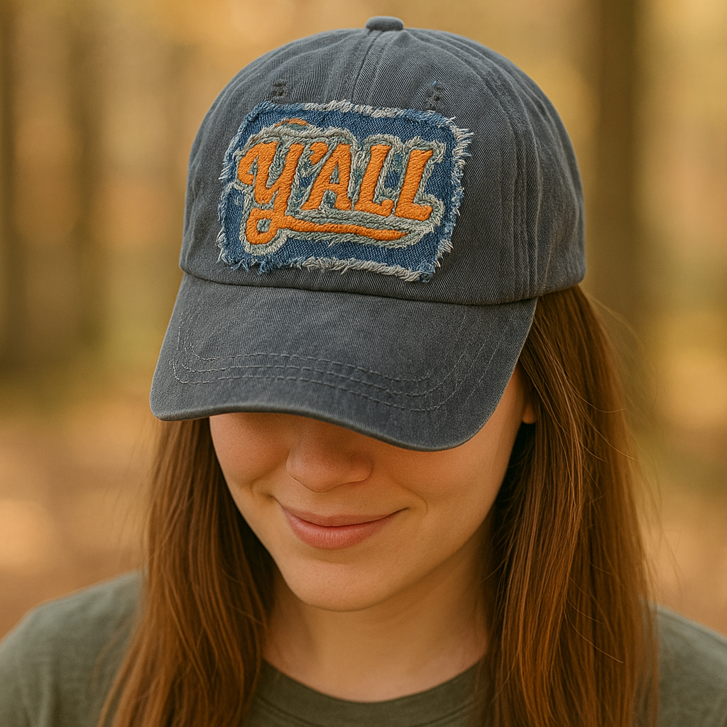 Yall embroidered Patch hat, denim ball cap, yall patch ball cap 