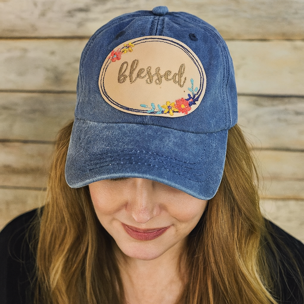 Blue denim cap with Leather Blessed embroidered patch, leather patch hat, blessed ball cap, floral embroidered hat
