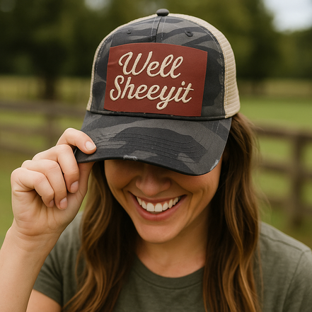 Camouflage baseball cap with a red patch embroidered with "well sheeyit", grey camo adjustable ponytail cap