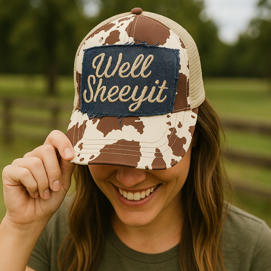 Person wearing a camouflage cap with a patch that reads 'Well Sheeyit' in an outdoor setting.