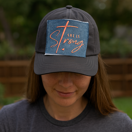 grey cap with coral embroidered she is strong, denim patch cap, ponytail grey cap 