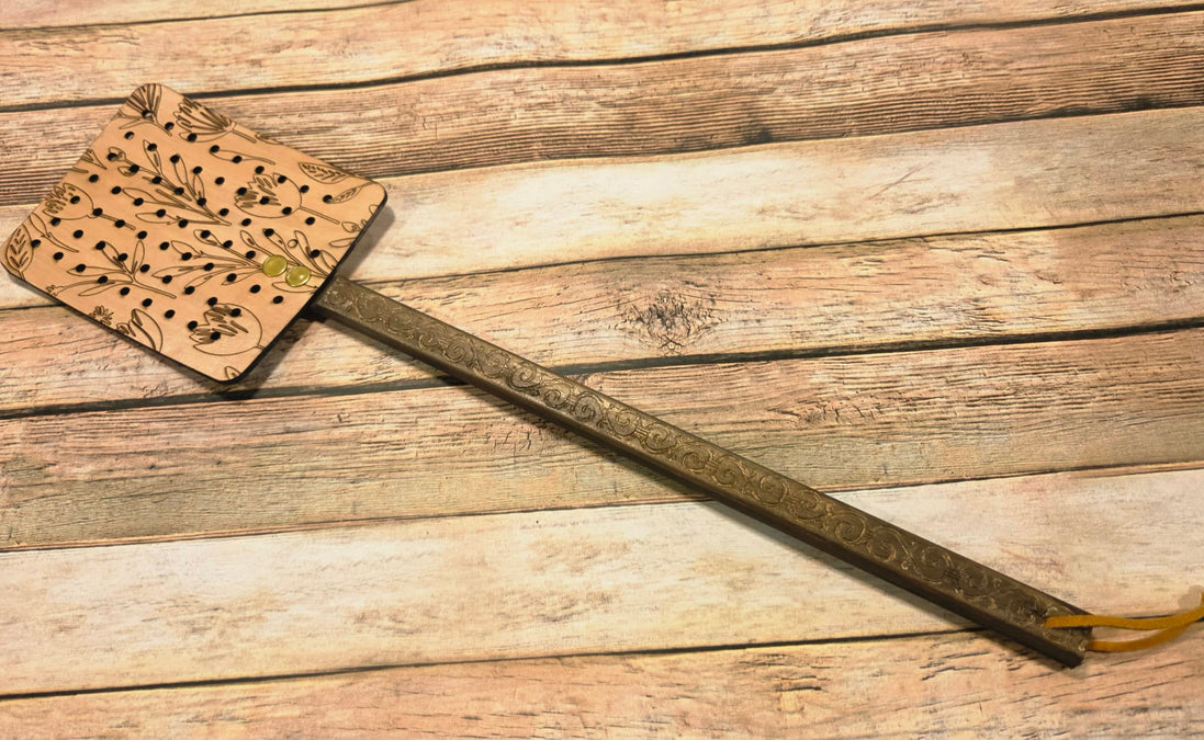 Handcrafted Leather Flyswatter with Tulip Burned Design and Wooden Handle