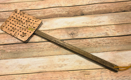 Handcrafted Leather Flyswatter with Tulip Burned Design and Wooden Handle