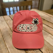 coral crisscross cap with black and white leopard leather 