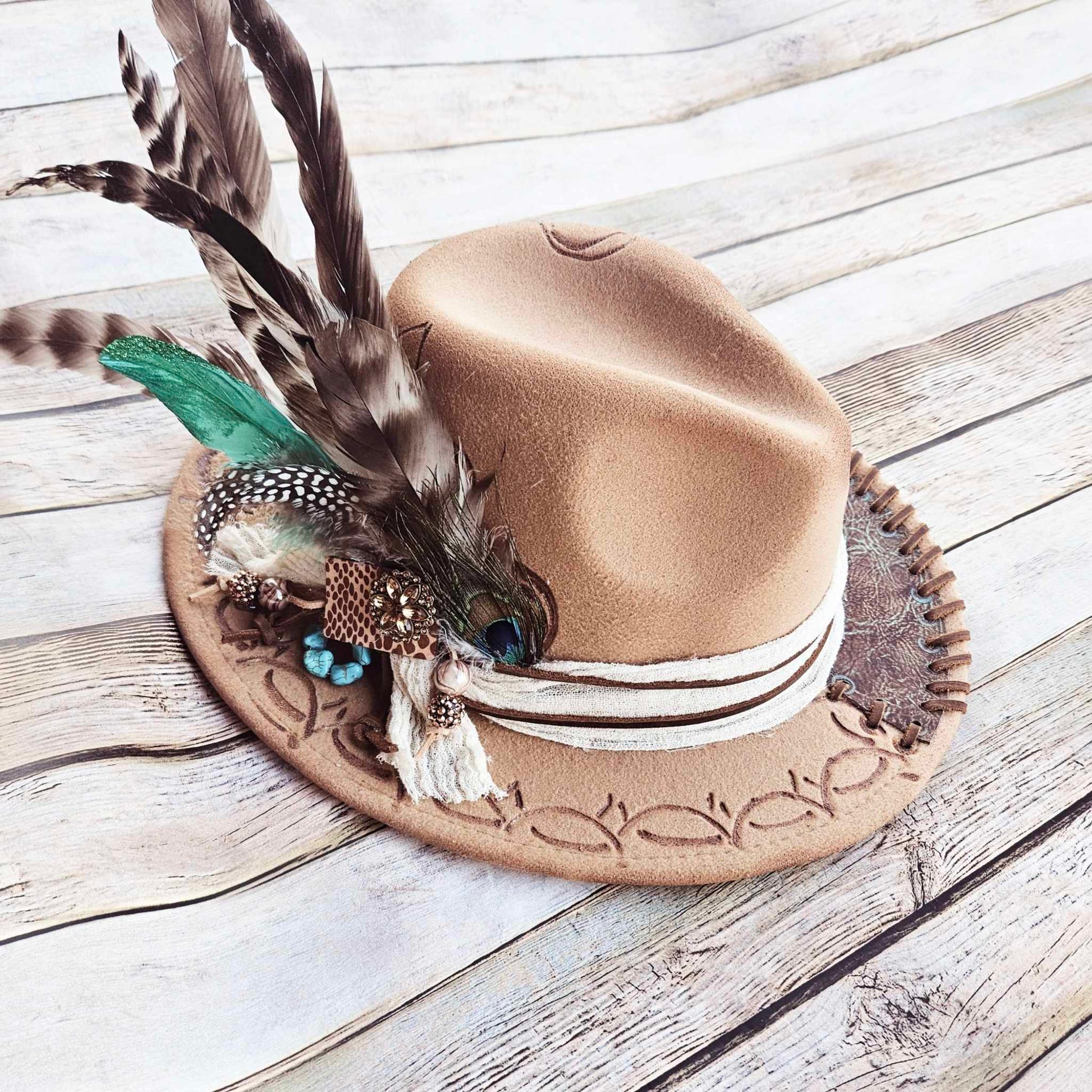 burned brim hat, taupe hat, feathered brim hat, leather laced hat 