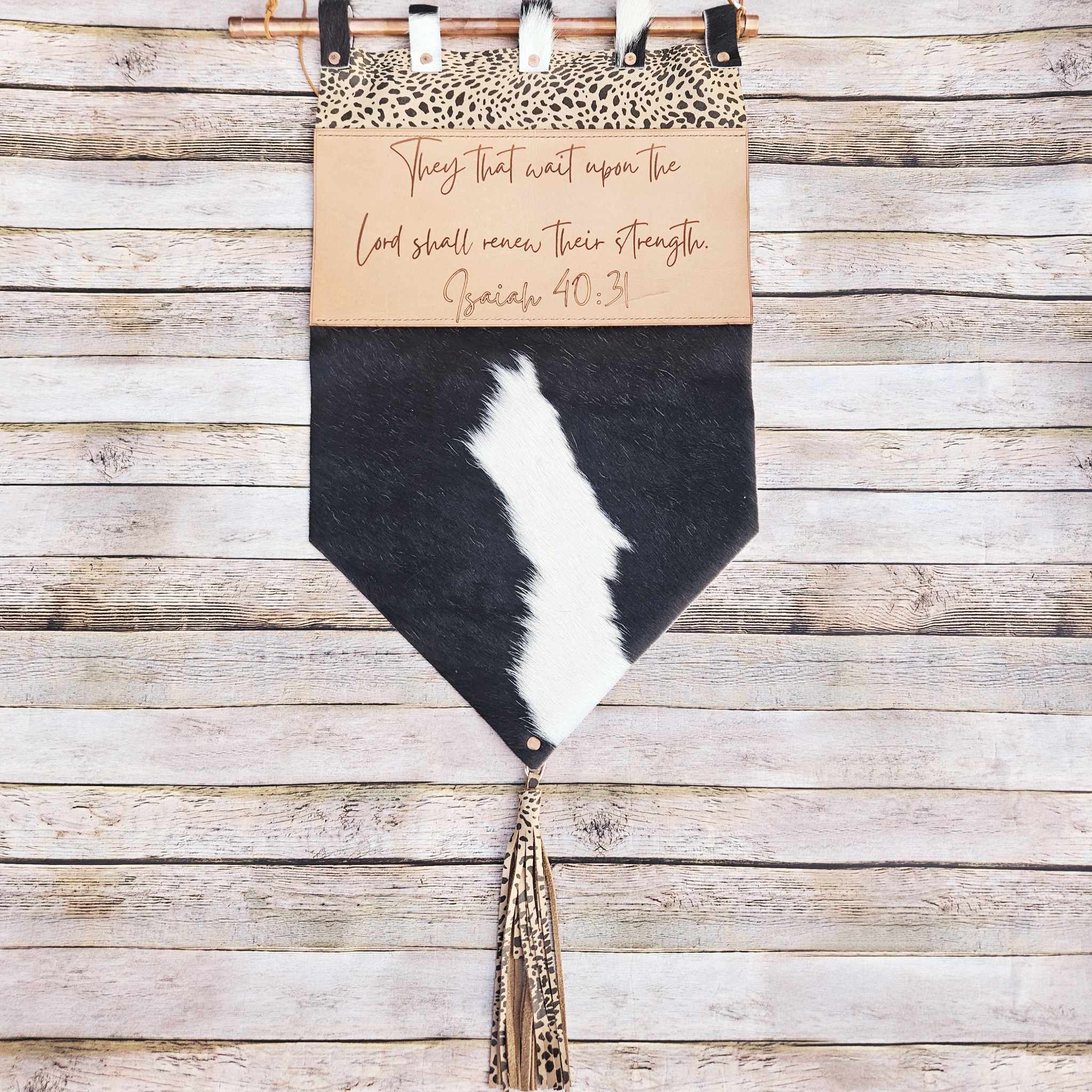 laser burned scripture wall hanging, handmade leather hanging, scripture art