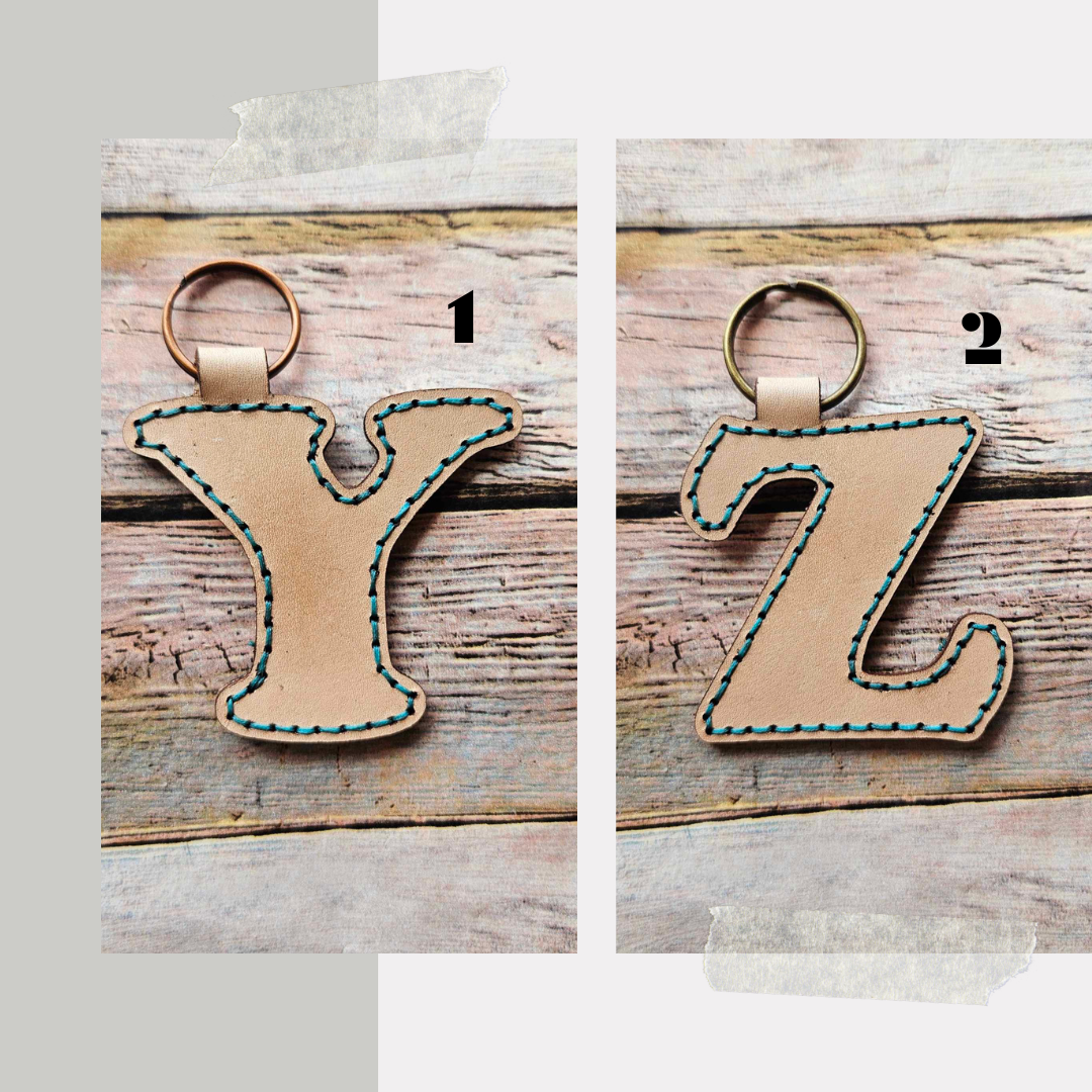 letter leather keychain, y keychain, handstitched leather keychain