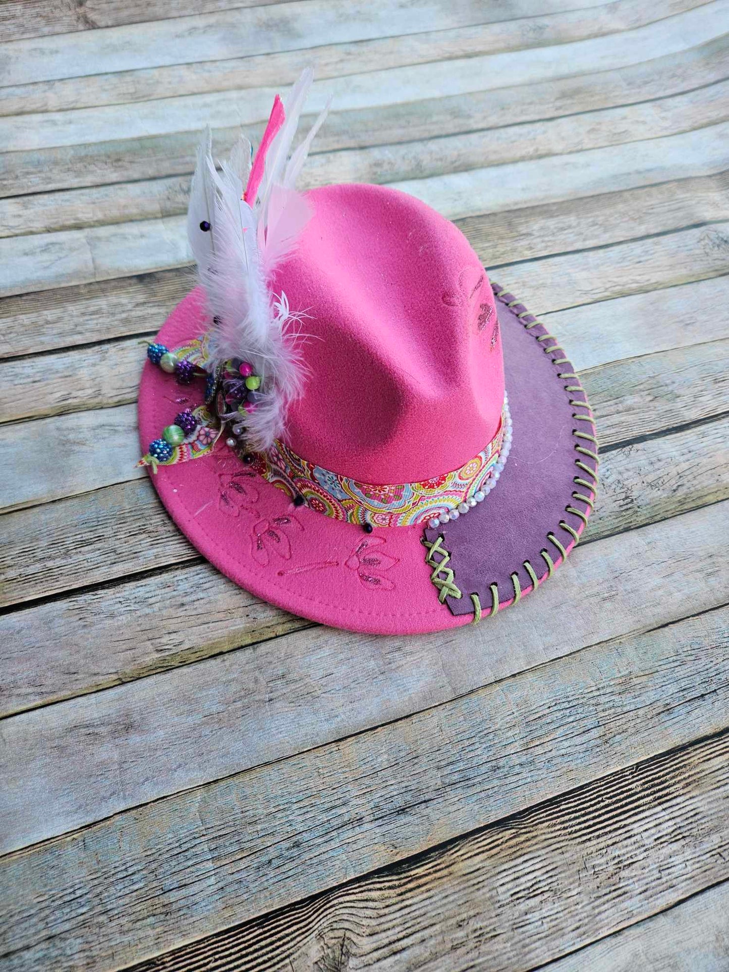 burned brim hat, pink purple hat, feathered brim hat, leather laced hat