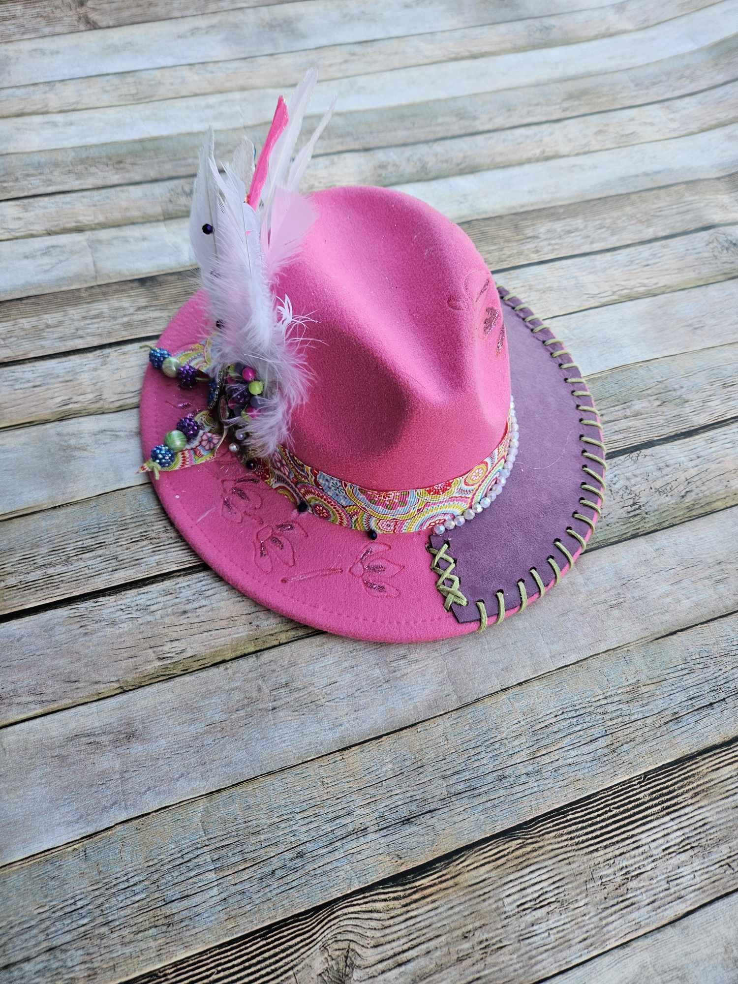 burned brim hat, pink purple hat, feathered brim hat, leather laced hat