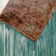 wristlet with leather fringe, leather wristlet, leather fringe wristlet, fringe wristlet, brown and turquoise leather wristlet